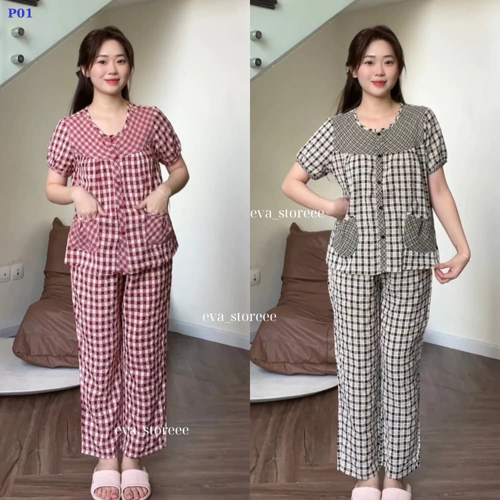 Đồ Bộ Pijama Nữ - Bộ Đồ Nữ SUNA Kẻ Caro Chất Cotton Xịn Mềm Mại, Thoải Mái,Cổ Tròn Tay Cộc, 2 Túi Phía Trước-P01
