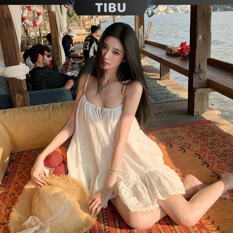 Đầm Hai Dây Buộc Nơ Hoa Thêu TIBU Đầm Babydoll Che Khuyết Điểm Dễ Thương Sang Chảnh Đi Chơi D289
