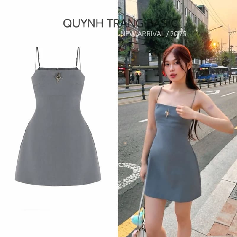 Đầm hai dây xám dáng ngắn Thiết kế Chiết eo cao cấp - QuynhTrangBasic