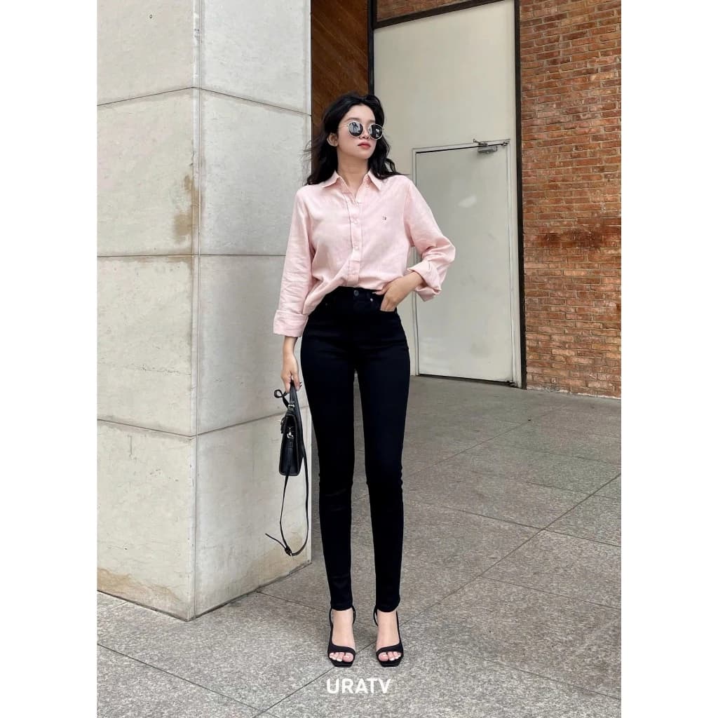 Quần jean nữ skinny trơn co giãn lưng cao dày dặn URATV