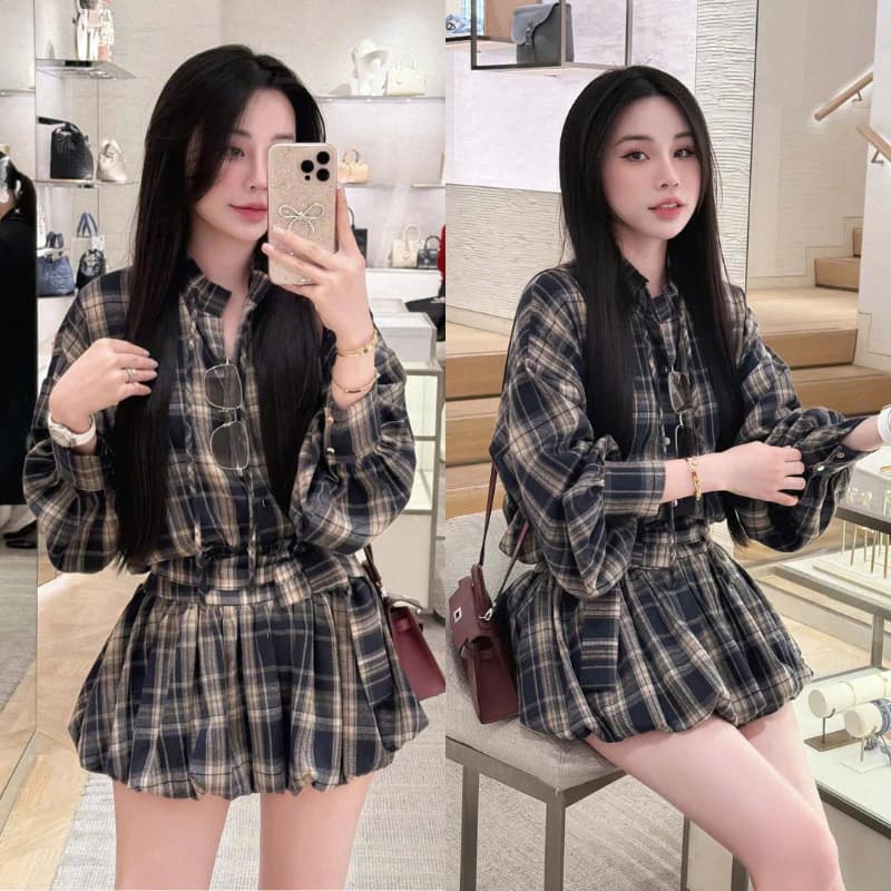 Set Váy Sơ Mi Cổ Tàu Kẻ Caro Kèm Dây Đai Dáng Bí Phồng Có Quần Bảo Hộ Rời Siêu Xinh MS02