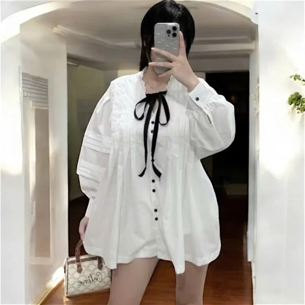 Áo sơ mi nữ tay dài có nơ ngực phong cách hàn quốc, áo sơ mi kiểu dáng babydoll cổ nơ dài tay xinh xăn