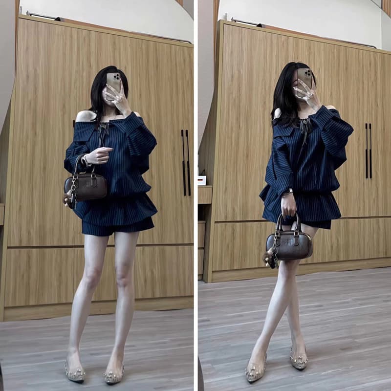 [SẴN] Đầm trễ vai kẻ sọc XANH THAN kèm quần bảo hộ JELLY DRESS