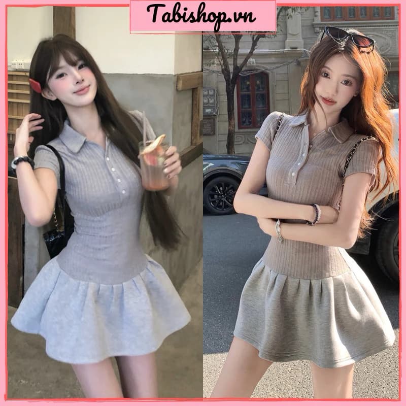 Đầm polo nữ tay ngắn phối tùng xoè nhún TABISHOP Váy body thiết kế trẻ chung đi học đi chơi(60)