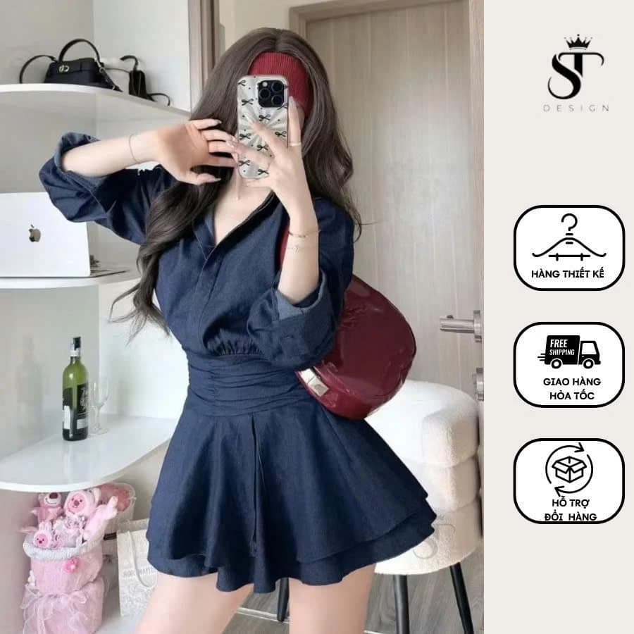 Váy bò Denim thiết kế dài tay nhúm eo chân váy tầng cao cấp ST Design tặng kèm quần trong - 07