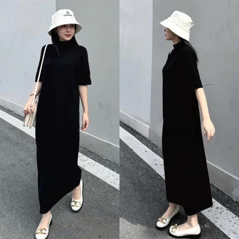 Váy Nữ - Đầm Nữ Len Gân Mềm Dáng Dài Suông Tay Ngắn Form Rộng Tôn Dáng Siêu Xinh MS09