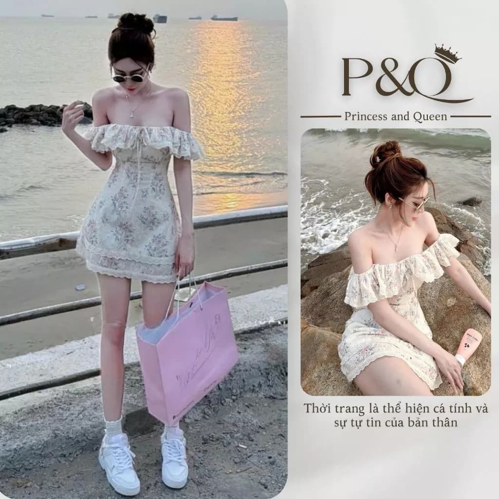 Váy hoa nhí nữ P&Q cổ én trễ vai tay bèo dáng xòe có cúp ngực và quần trong có bigsize | vd0012