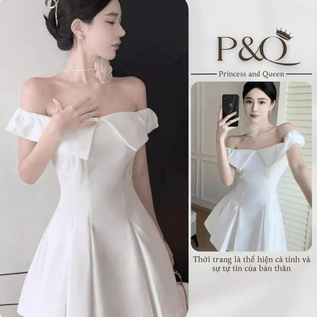Đầm xòe mini P&Q xếp ly trễ vai vải goothun có bigsize | vd0039