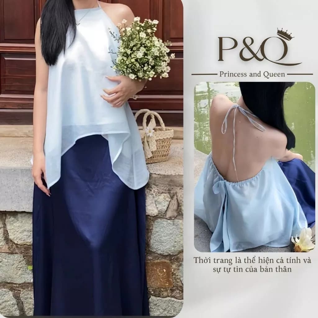 Set váy nữ P&Q áo yếm hai dây hở lưng phối chân váy dài basic mùa Trung Thu có bigsize | set0001