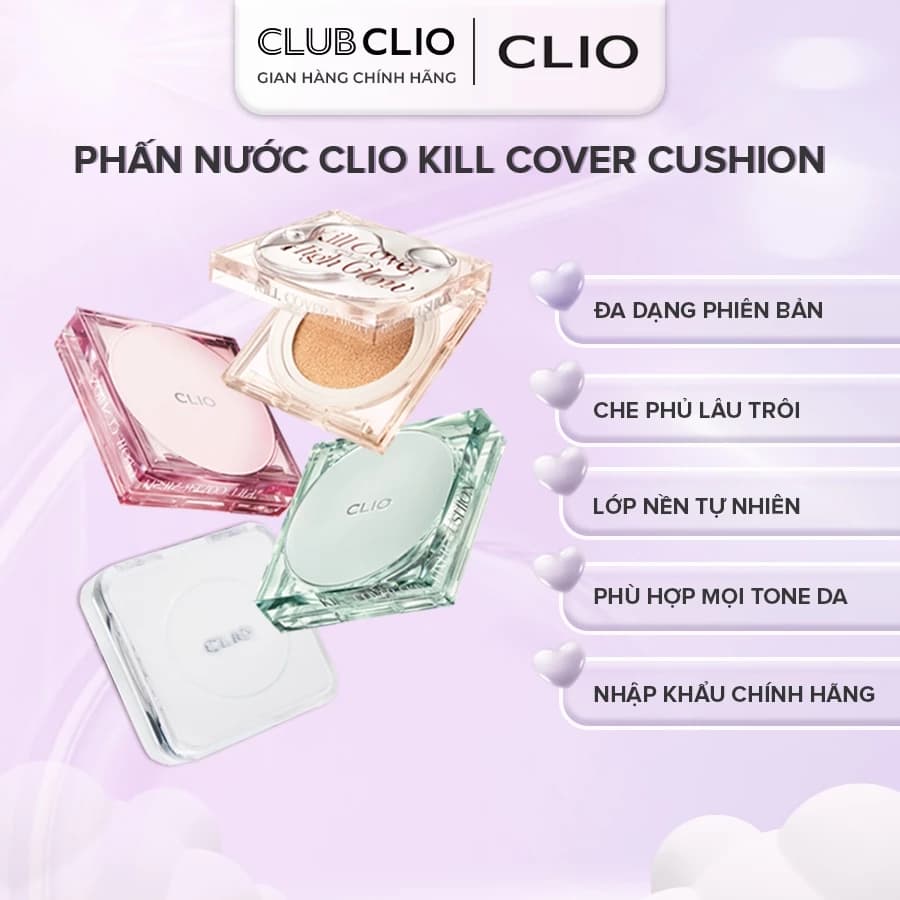 Phấn nước Cushion CLIO Kill Cover Che Khuyết Điểm Hoàn Hảo Skin Fixer, Mesh Glow, High Glow Cushion (Tặng Lõi)