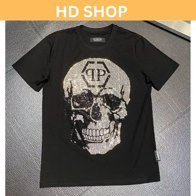 Áo Phông Nam Nữ Premium Cotton Philipp Plein Thêu Logo Kim Loại sau lưng in kim tuyến đầu lâu chữ qp boy phố