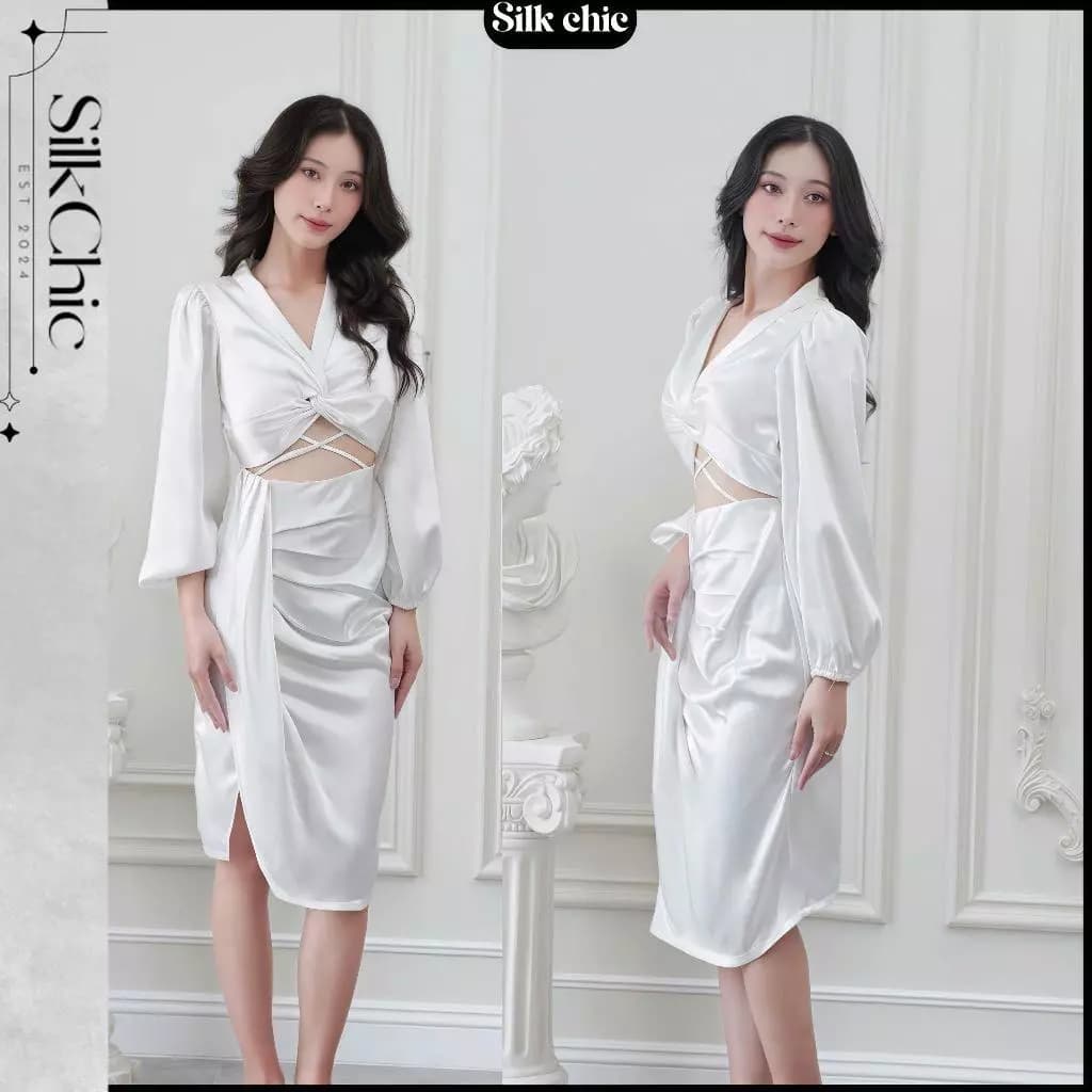 Đầm Lụa Dự Tiệc Tay Dài SC309 Phối dây Chéo Bụng Xẻ Tà Tôn Dáng Siêu Xinh
