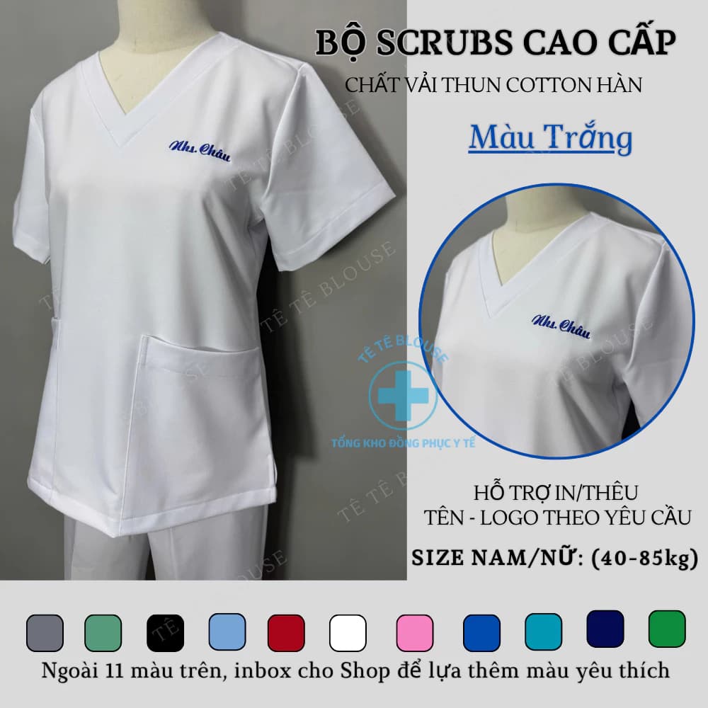(Sẵn hàng) Bộ SCRUBS cổ tim đồng phục phẫu thuật, Spa, phòng khám, Bác Sĩ, màu Trắng, chất vải thun Cao cấp và thường
