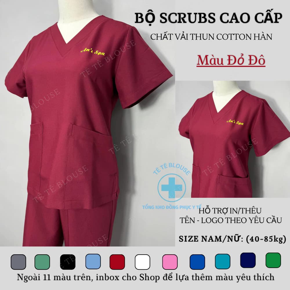 (Hàng có sẵn) Bộ Scrubs Bác Sĩ, Bộ Đồ Cổ Tim Spa, Bộ đồng phục y tá, phẫu thuật, điều dưỡng màu Đỏ Đô - Hàng Cao Cấp