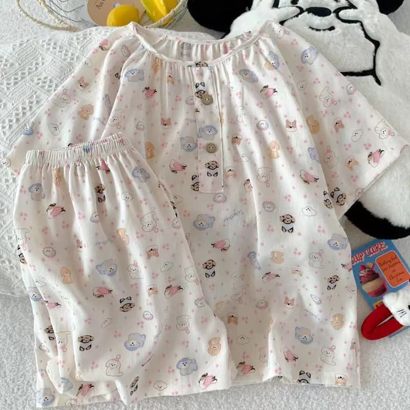 [Sẵn] Bộ ngủ pyjama cổ tròn mặc nhà thoáng mát hoạ tiết dễ thương