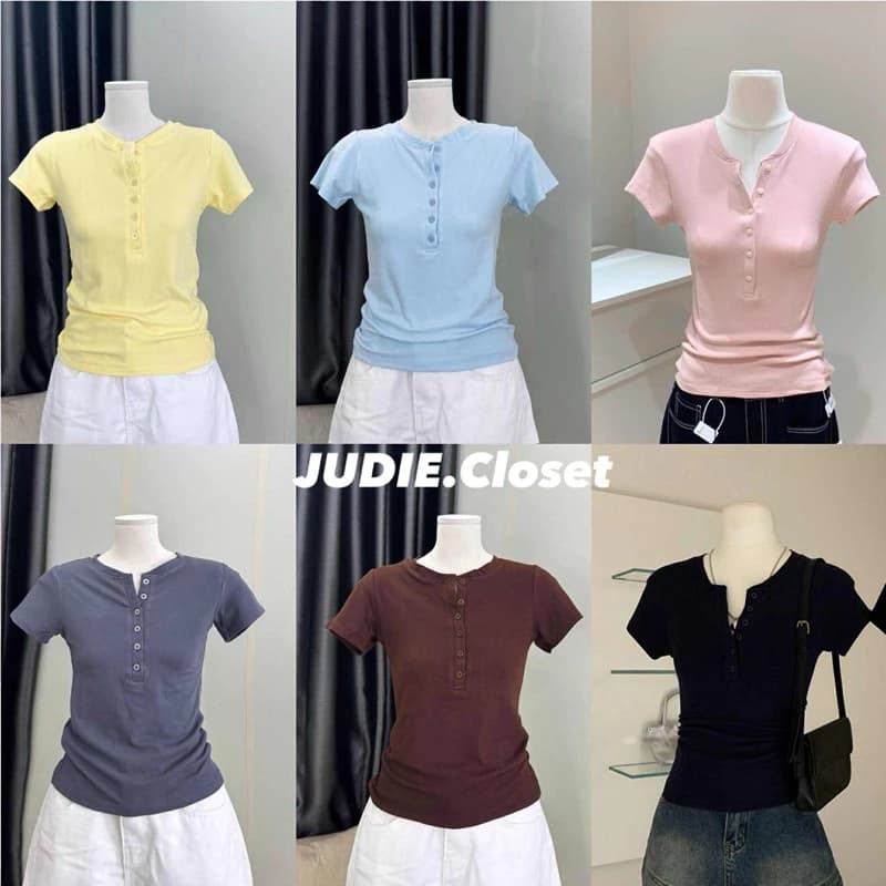 JUDIE - Áo Thun Cộc Tay Phối Cúc Ôm Body Nữ - Áo Tay Ngắn Cổ Khuy Dáng Ôm Nhiều Màu Chất Thun cotton (ảnh thật)