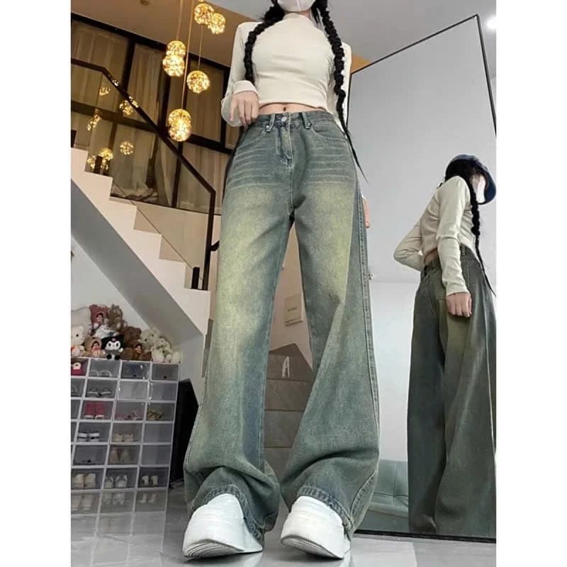 Quần jean ống suông rộng màu retro rêu phủ vàng, vải mềm không co giãn đứng form