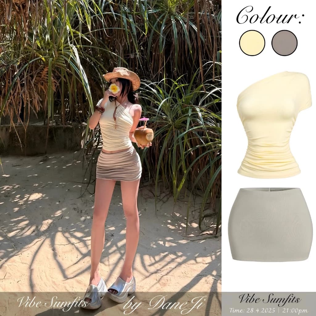 [ 𝐕𝐈𝐁𝐄 𝐒𝐔𝐌𝐅𝐈𝐓𝐒 ] Set áo thun lệch vai Slimfit DANEJI nhún eo - Chân váy mini skirt Sữa hạt xám pastel MÙA HÈ