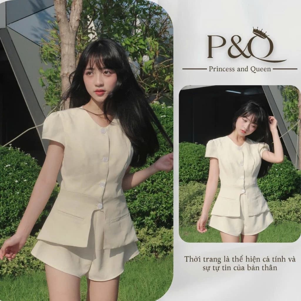 Set đồ nữ P&Q áo cổ V tay phồng kèm quần phối cúc phong cách tiểu thư xinh xắn nhẹ nhàng | set0026