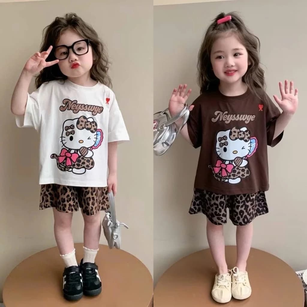Bộ mèo báo hello kitty cho bé gái, vải cotton thấm hút, 2 màu, size 12-44 kg
