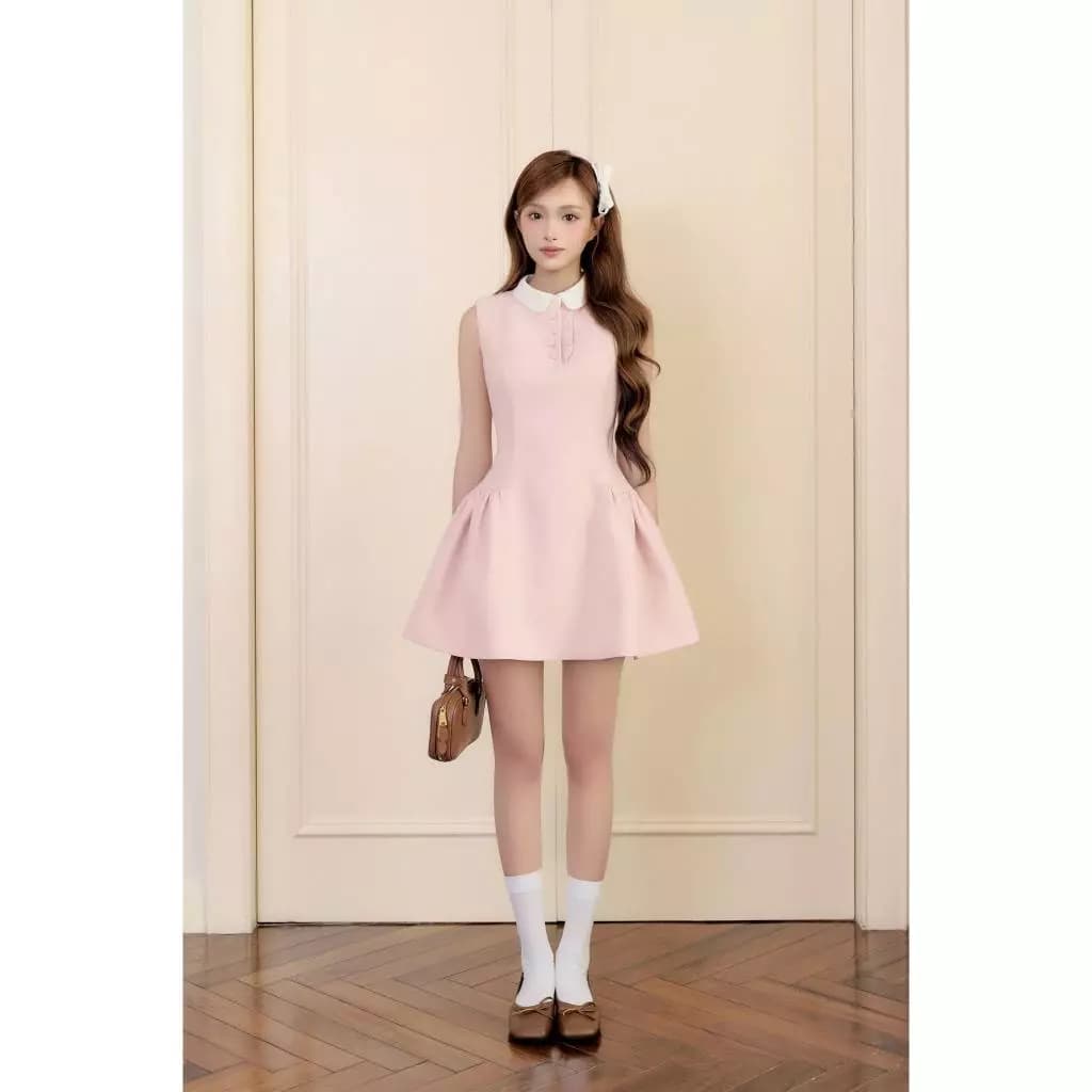 Ara - Váy đầm thiết kế hồng pastel xòe không tay phối cổ sen Nolia Dress V119
