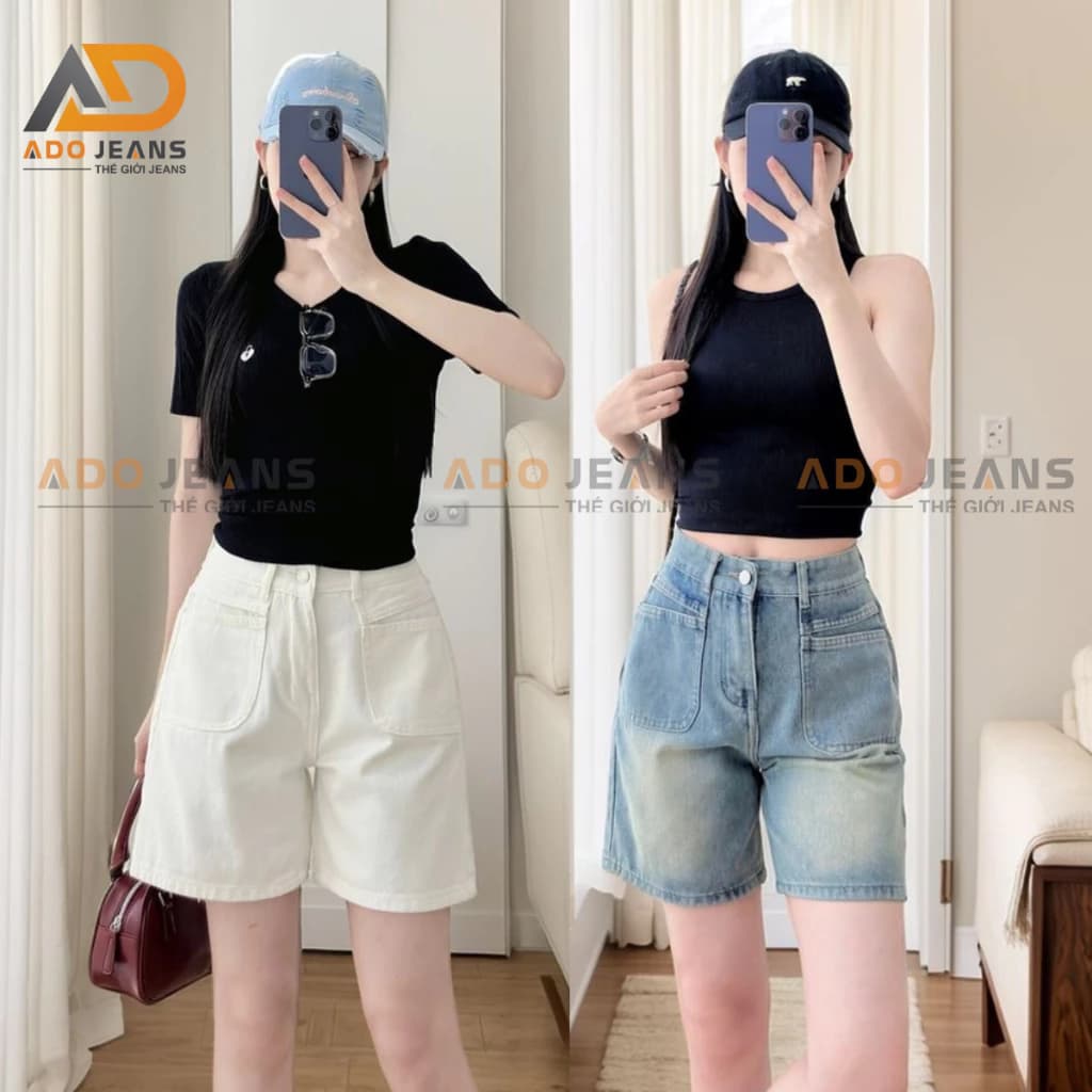 Quần jean ngố nữ lưng cao ống rộng phối túi trước cá tính (Mã S27)
