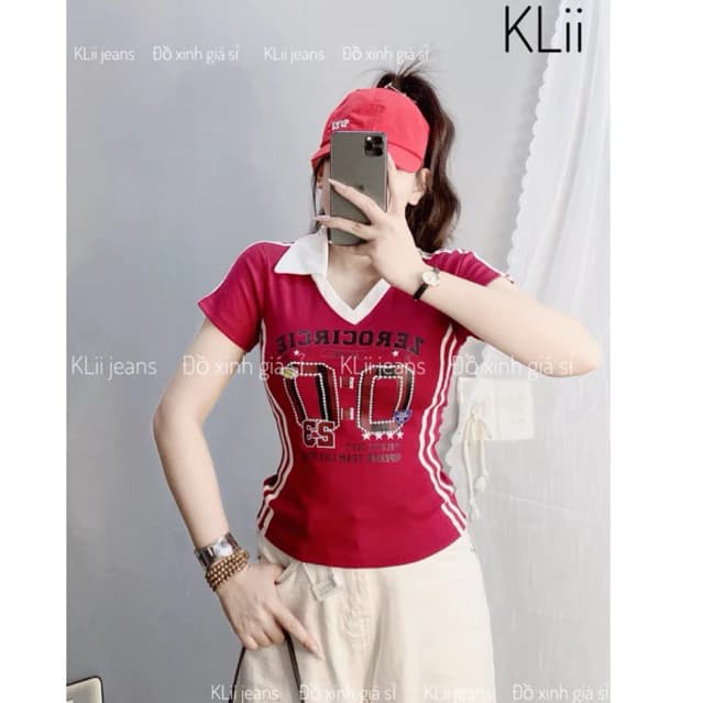 Áo thun cộc tay cổ trụ tim phối viền siêu đẹp(in 0:0) KLii sẵn