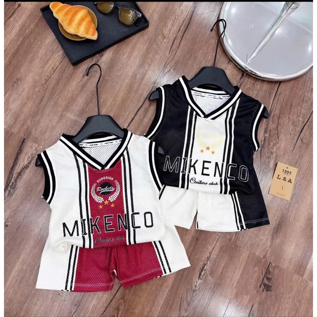 Bộ ba lỗ MlKENC0 vải lỗ thông hơi thoáng mát, dáng thể thao đường phố, 2 màu, size 12-44kg