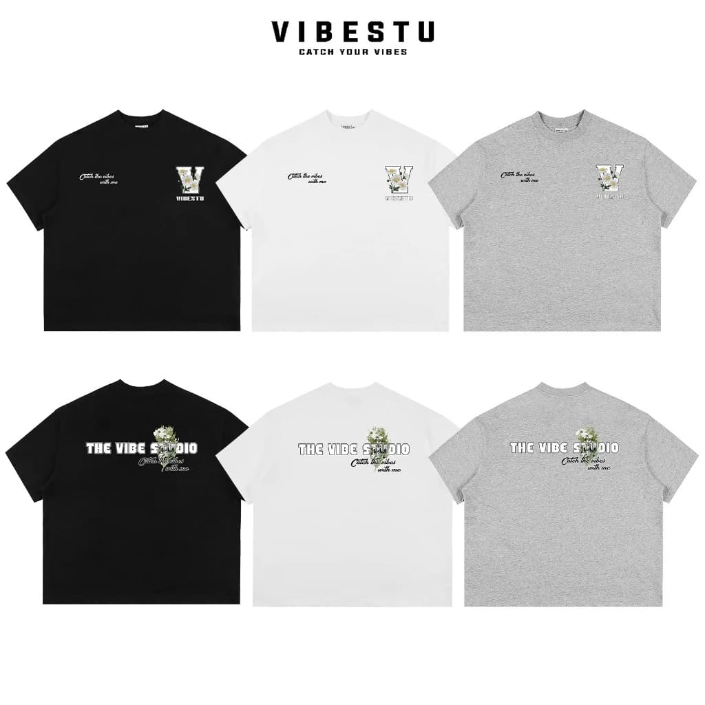 Áo Thun Local Brand VIBESTU "  Cúc Trắng Chữ V " Form Big Boxy Unisex 250Gsm Cotton