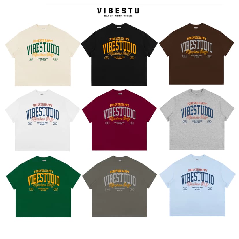 Áo Thun Local Brand VIBESTU " FOREVER HAPPY " Form Big Boxy Unisex 250Gsm Cotton