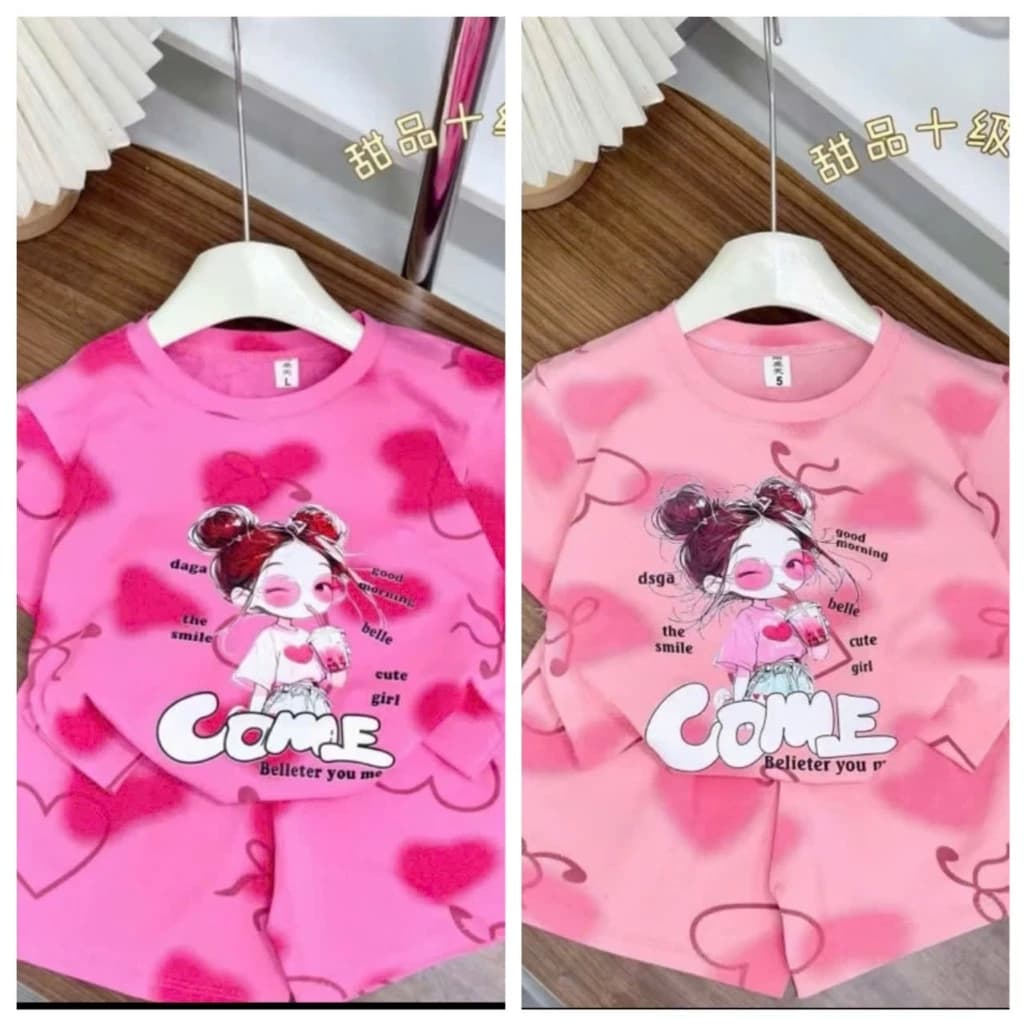 Bộ quần áo trái tim bé gái 9-35kg in tràn hình cô gái đáng yêu chất cotton 2 chiều thoáng mát (t6)