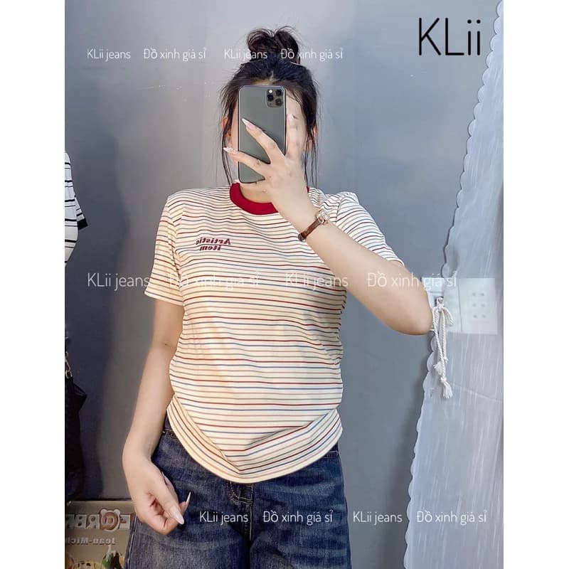 Áo thun cộc tay sọc phối (in Artistic) đơn giản đẹp🌷KLii sẵn