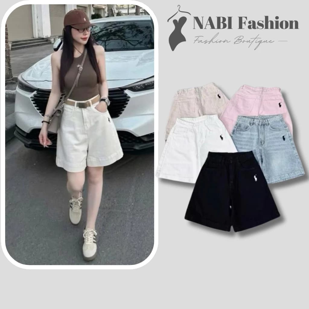 Quần Ngố Bò Jeans Nữ NABI Fashion, Quần Lửng Denim Màu Trắng Thêu Ngựa Cạp Cao Siêu Háck Dáng  Đỉnh , Đủ 5 Màu Cho Khách