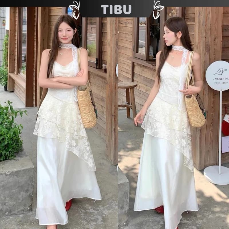 Set Áo Ren Hai Dây Xéo Tà Phối Chân Váy TIBU Set Đồ Nữ Dự Tiệc Tiểu Thư Sang Chảnh Đi Chơi Dạo Phố Sang Chảnh B500