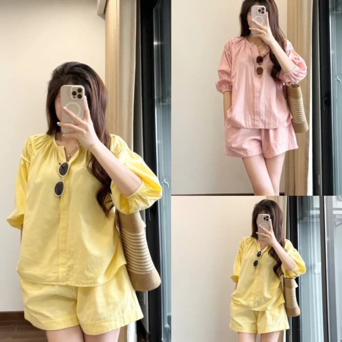 Set Bộ Vàng Sơ Mi Linen Nữ, Cổ V Nhún Eo Mix Quần Short Đũi Thoáng Mát, Đồ Đi Chơi, Đi Du Lịch