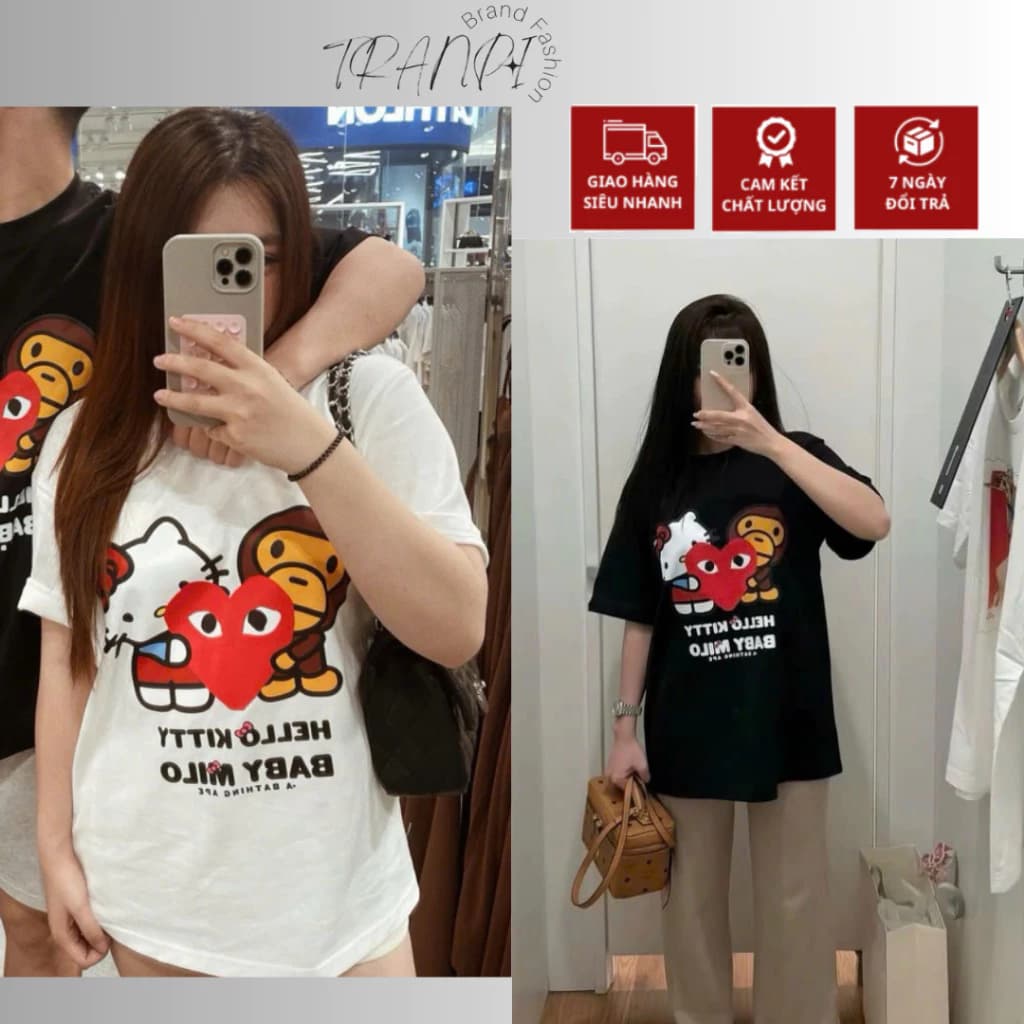 Áo phông BOXY in Bape x Hello Kitty nam nữ cổ tròn tay ngắn chất liệu cotton 100% thoáng mát, thấm hút mồ hôi TRANPI