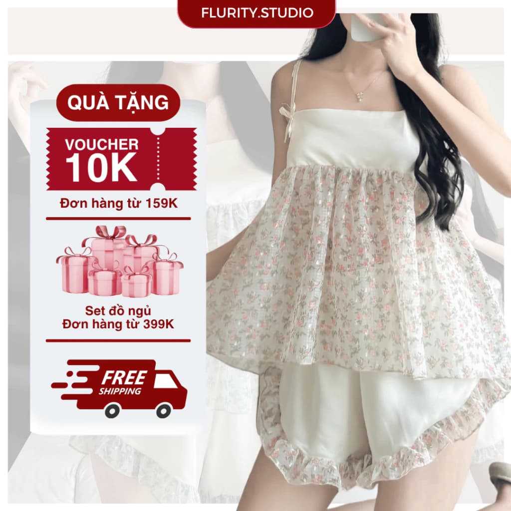 Set Nữ Hai Dây Đính Nơ Quần Viền Bèo Kết Hợp Từ Lụa Latin & Voan Kết Bông Cực Slay FLURITY - EVA BNCFLA391