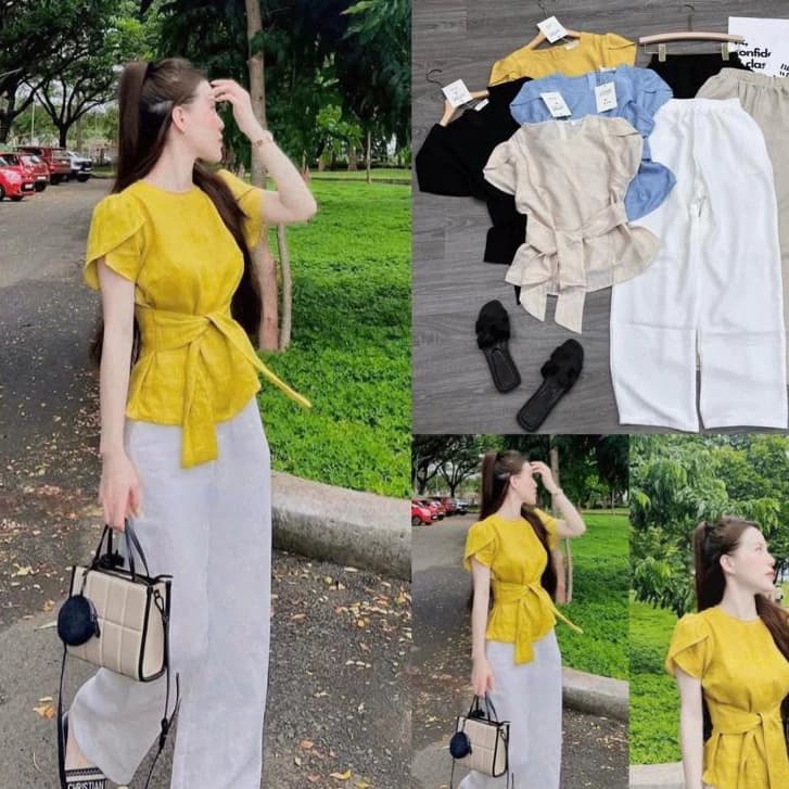 2026. SÉT [ÁO DÂY LIỀN1] [4 MÀU ÁO] sét chất đũi áo tay cộc+ quần suông dài. Đủ size SMLXL