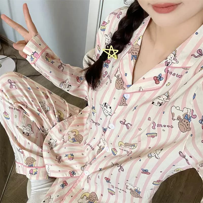[Sẵn] Bộ ngủ pyjama quần áo dài mặc nhà mềm mát hoạ tiết đáng yêu