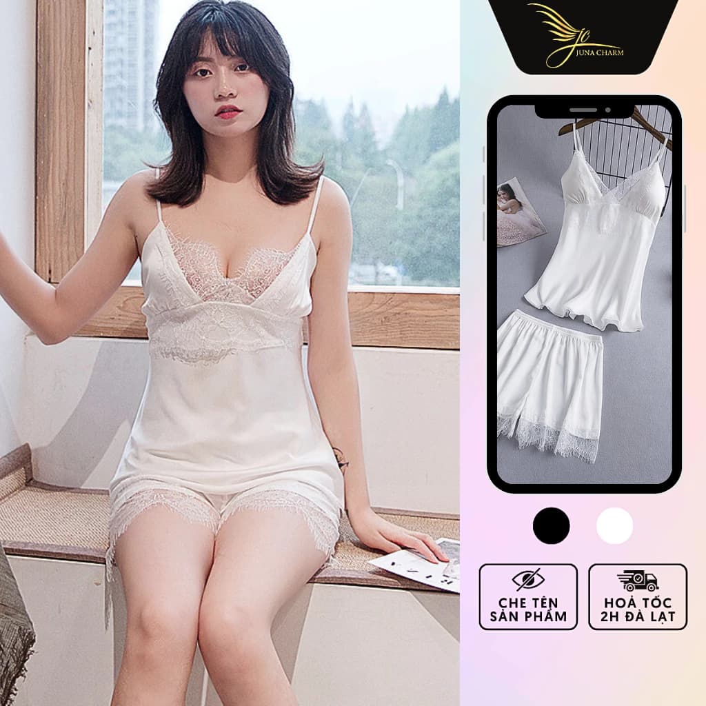 Bộ Ngủ 2 Dây, Đồ Mặc Nhà Quần Đùi JUNA Freesize Thời Trang Đồ Ngủ Dành Cho Nữ Chất Lụa Phối Ren Cao Cấp,Màu Trắng/SP1040
