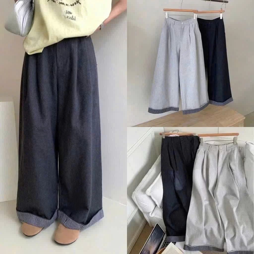 ( MÃ MỚI Quần jean bò xước nữ dáng culottes ống rộng phối gấu kẻ caro- QUANBIGSIZE