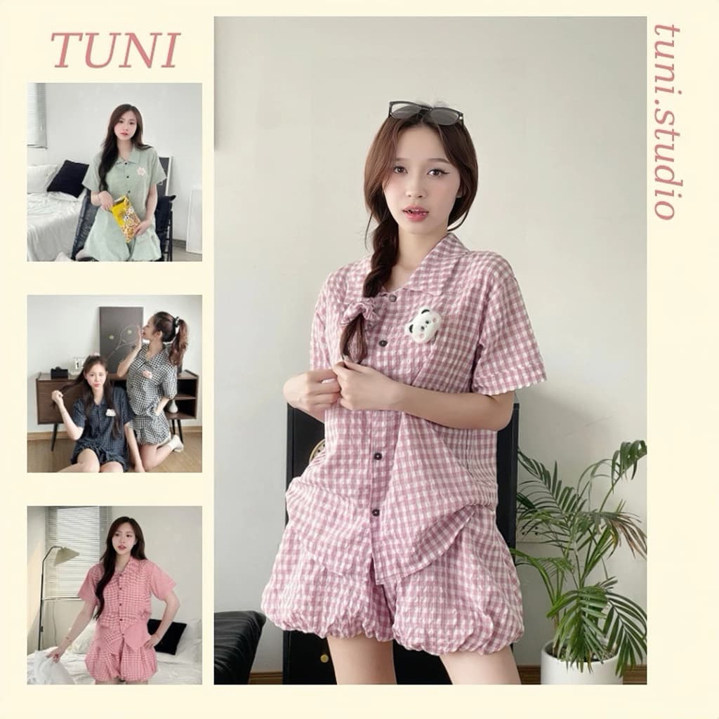 (KÈM CHARM) Set Bộ Đồ Ngủ Áo Ngắn + Quần Short Bí Họa Tiết Kẻ Caro Tuni.studio BI01