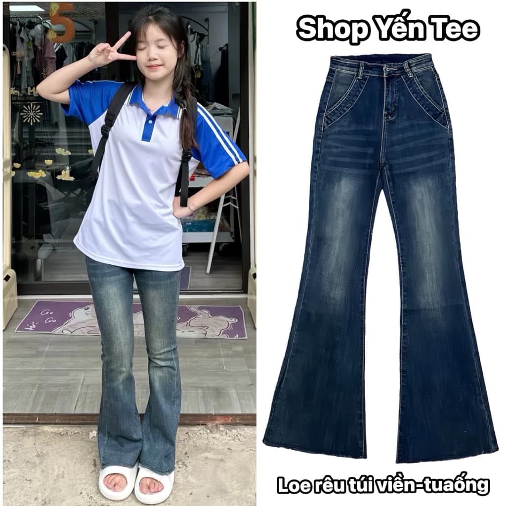 Quần jeans loe xanh rêu bụi túi viền dài 100cm Yến Tee #10062