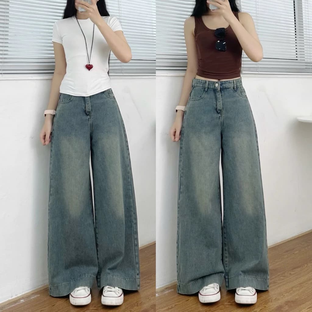 Quần jeans ống rộng trơn gấu to