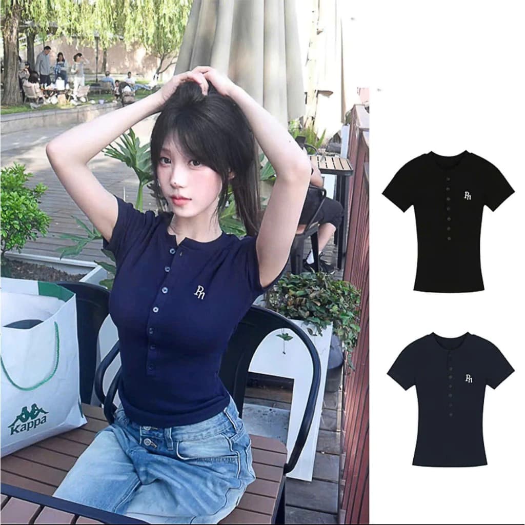 Áo thun ngắn tay cúc cài,Áo kiểu babytee croptop nữ 6 cúc in chữ R chất thun tăm co giãn màu xanh than cưc tôn dáng xinh
