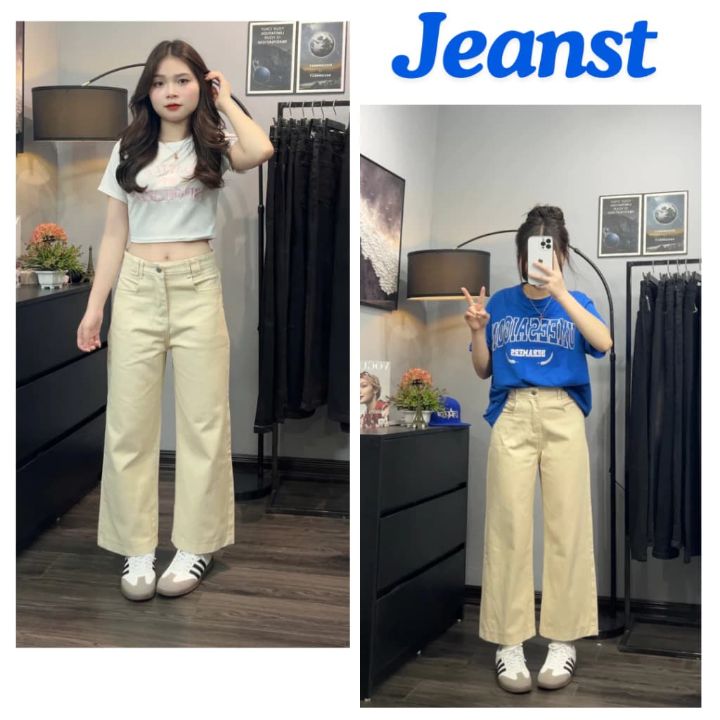 ( Quần nấm 88cm ) Quần jean kaki kem ống suông rộng dễ mặc, chất vải mềm, túi cách điệu