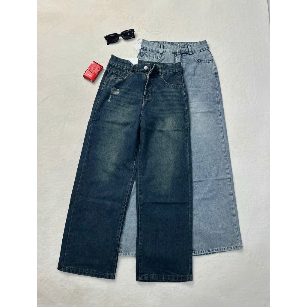Quần Jeans Ống Suông Rách Túi Sau Cạp Cao Phong Cách Cá Tính