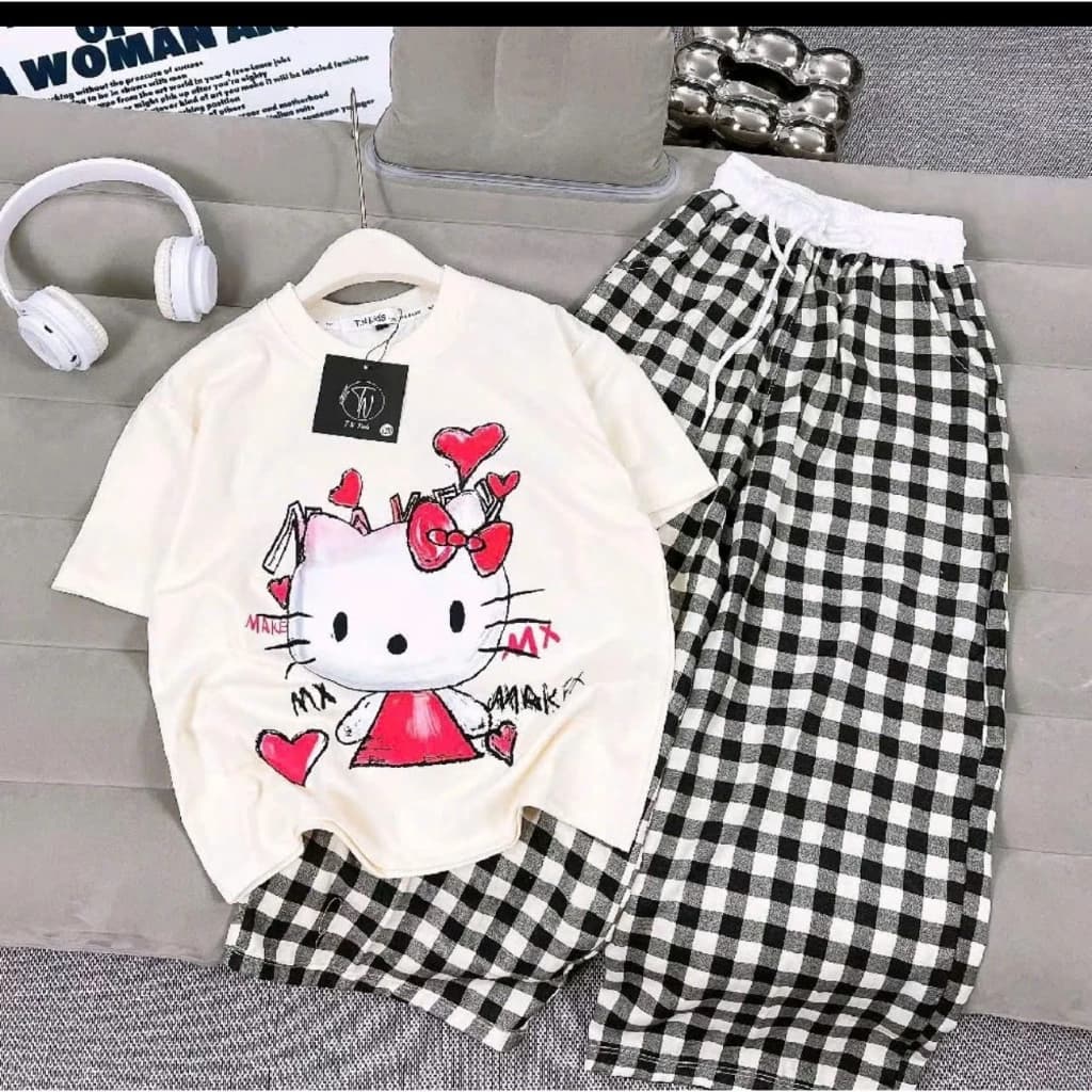 Bộ áo ngắn quần kẻ xuông Helo Kitty 12-44kg chất cotton (t8)