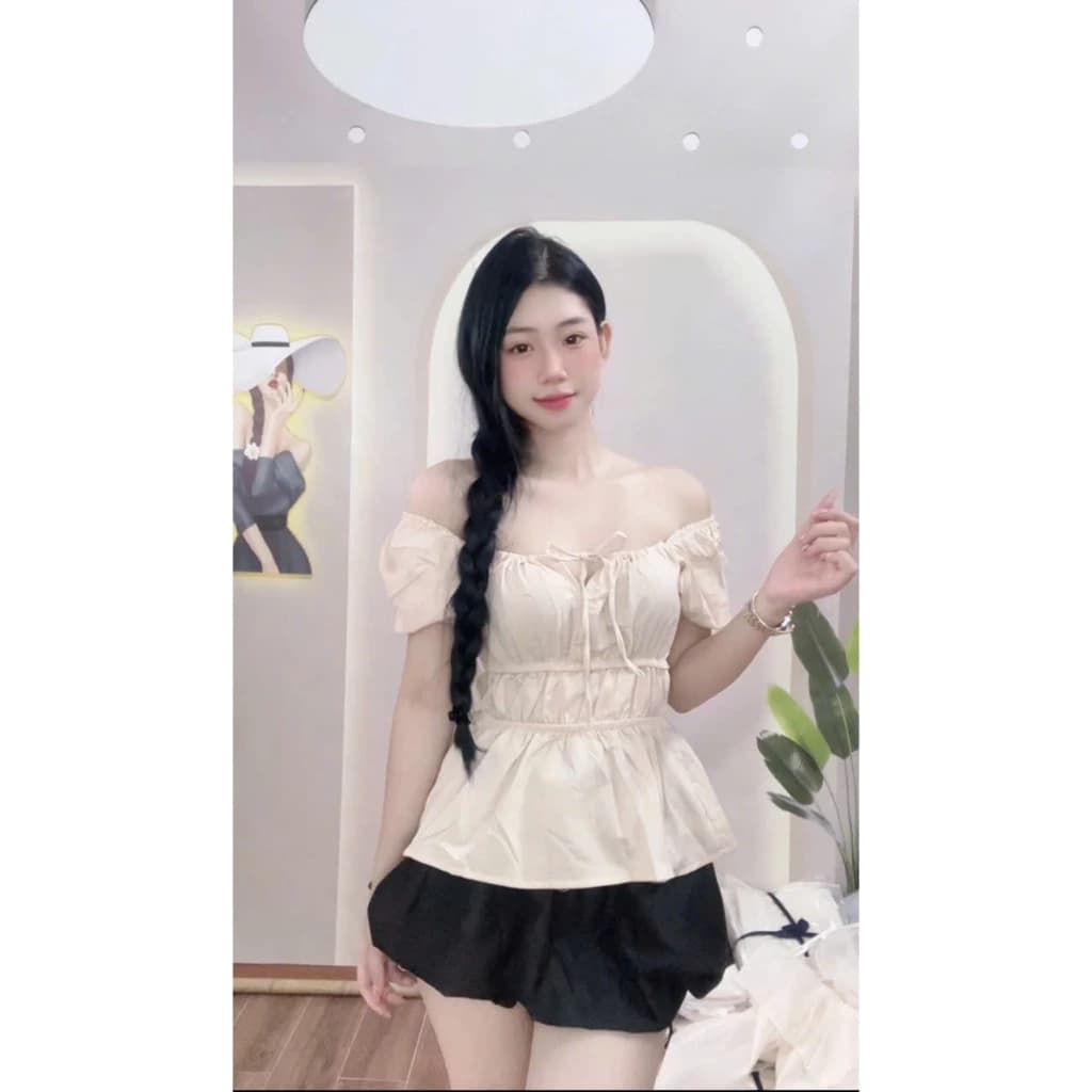 Set áo trễ vai hai món tiểu thư - Set áo kèm váy bí phong cách Hàn quốc