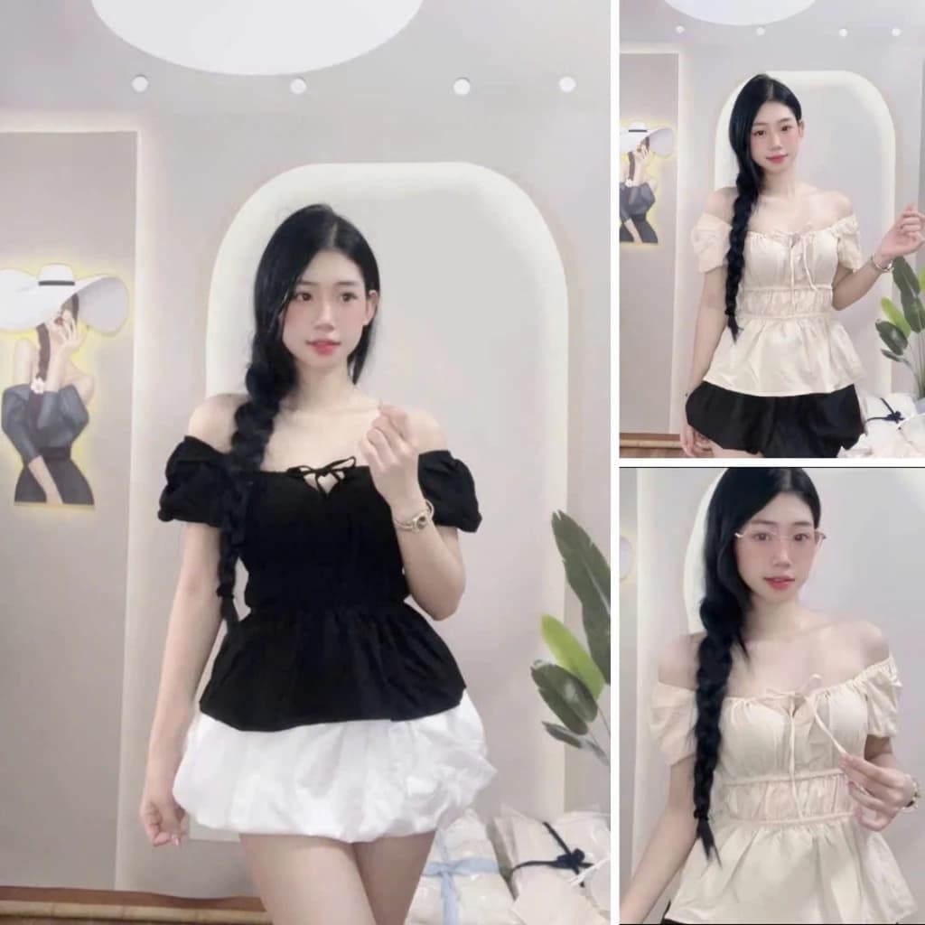 Set váy trễ vai tay cộc chun eo xinh xắn - Đầm nữ bánh bèo tiểu thư đẹp hàn quốc ulzzang